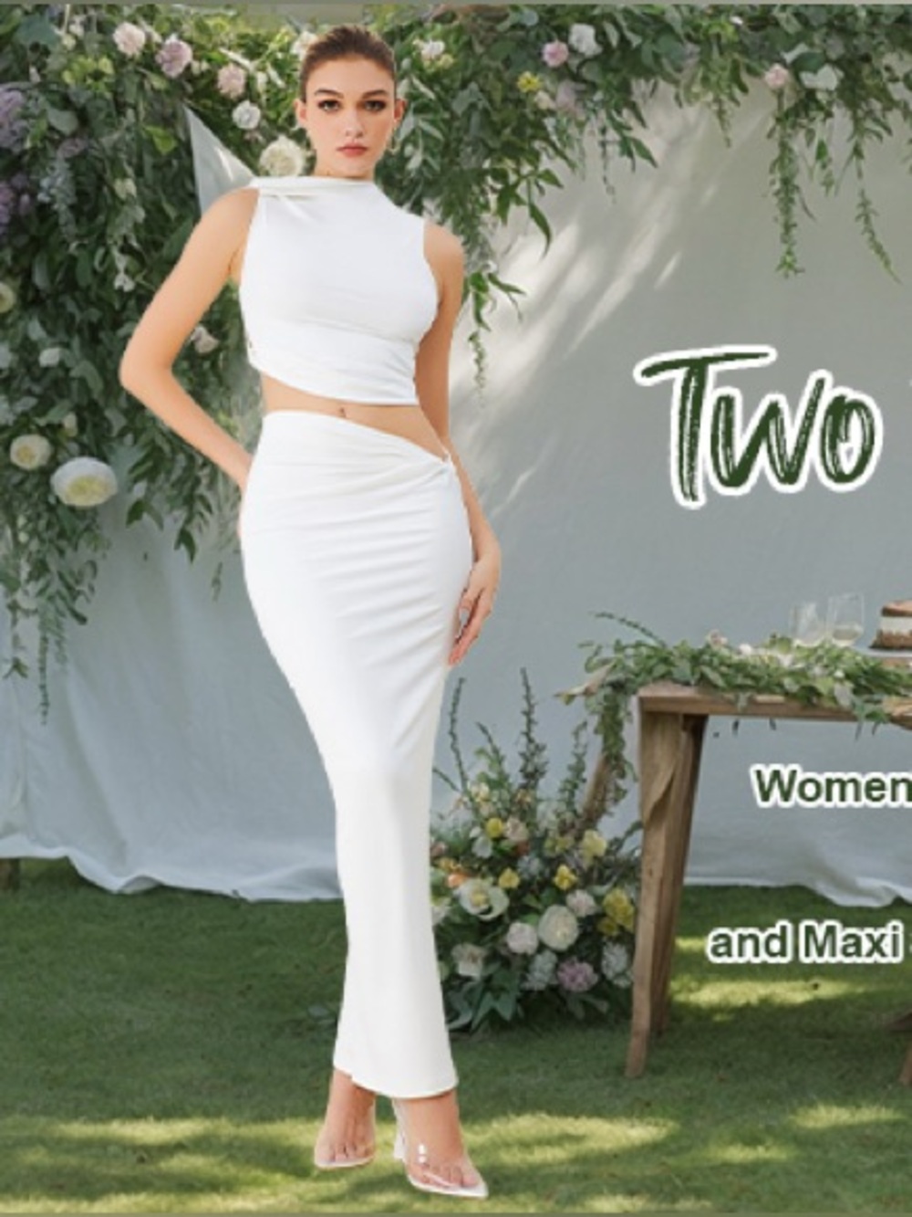 Amazon White Two-Piece High-Waist Maxi Skirt Set